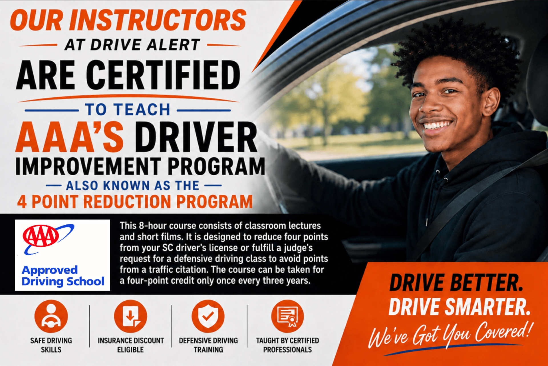 Flyer with text 'Now offering Online 4-point reduction courses! Click here!'